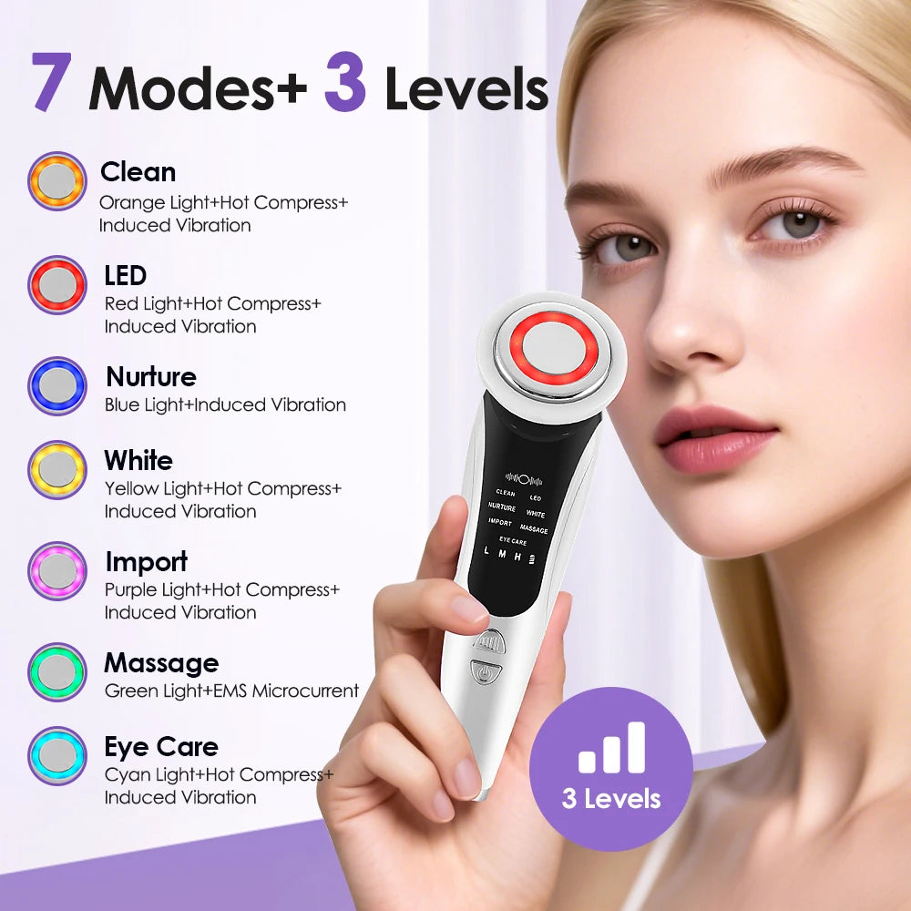 7 in 1 EMS Face Lifting Device Microcurrent LED Light Therapy Heat Vibration Facial Massager for Neck Firming Skin Rejuvenation